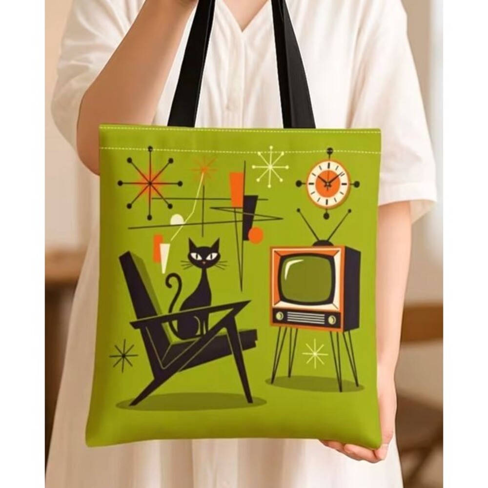 Mid-Century Black Cat Retro Tote Bag Green Nylon Starbursts Atomic Clock NEW